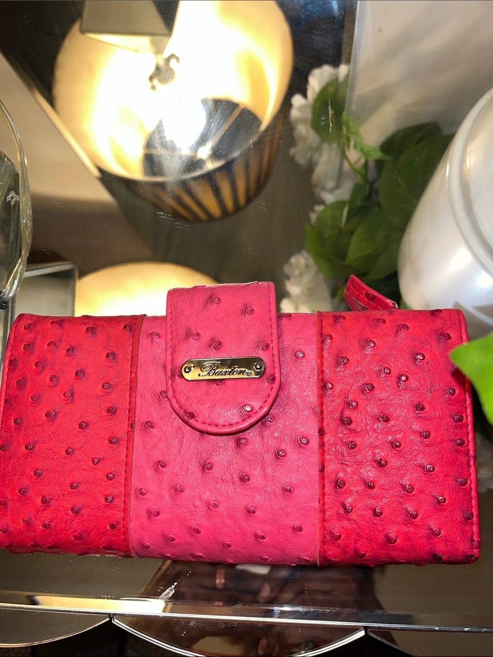 💋Vibrant Red Ostrich-Texture Braxton Wallet with Gold Accent